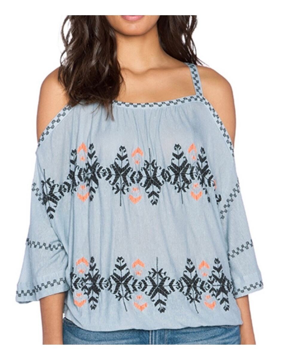 Free People Blue New World Embroidered Bohemian Cold Shoulder Peasant Top Size M